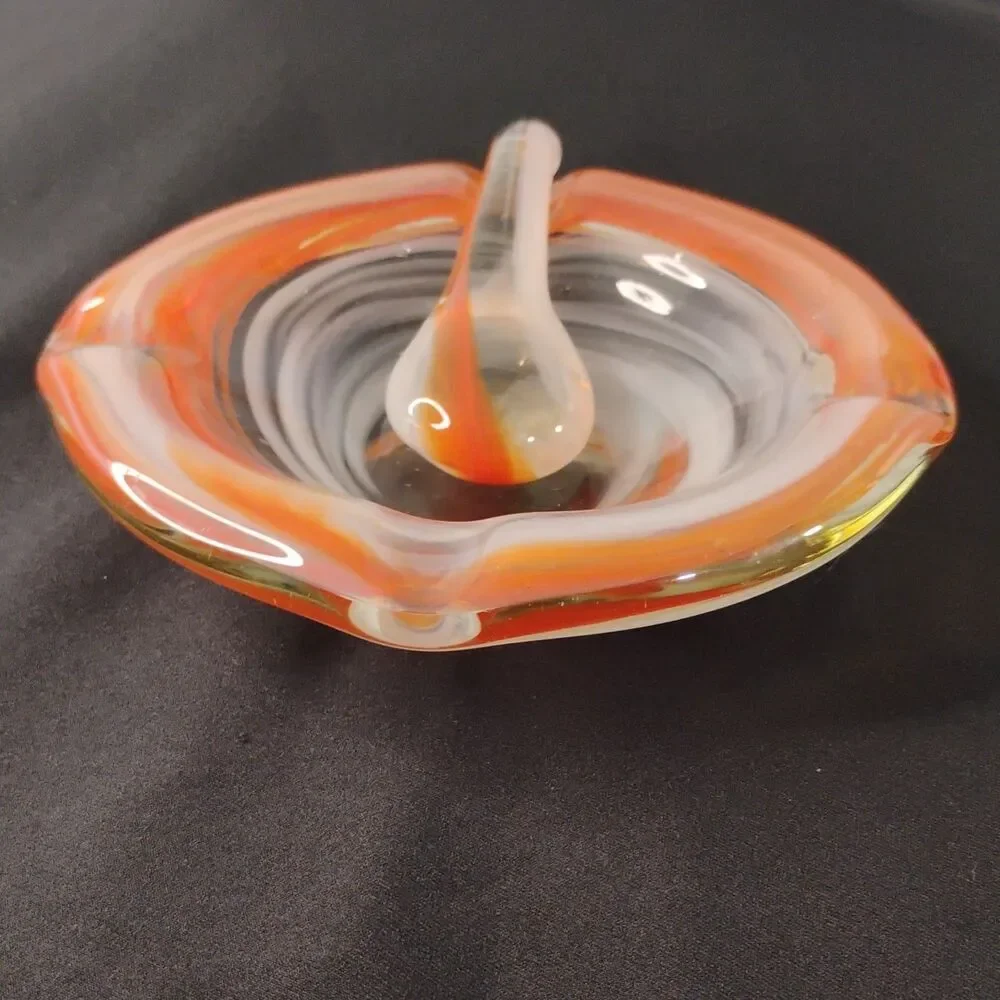 Vintage Hand Blown  Glass Round Ashtray Orange/ Wh Swirl  With Cigarette Stamper